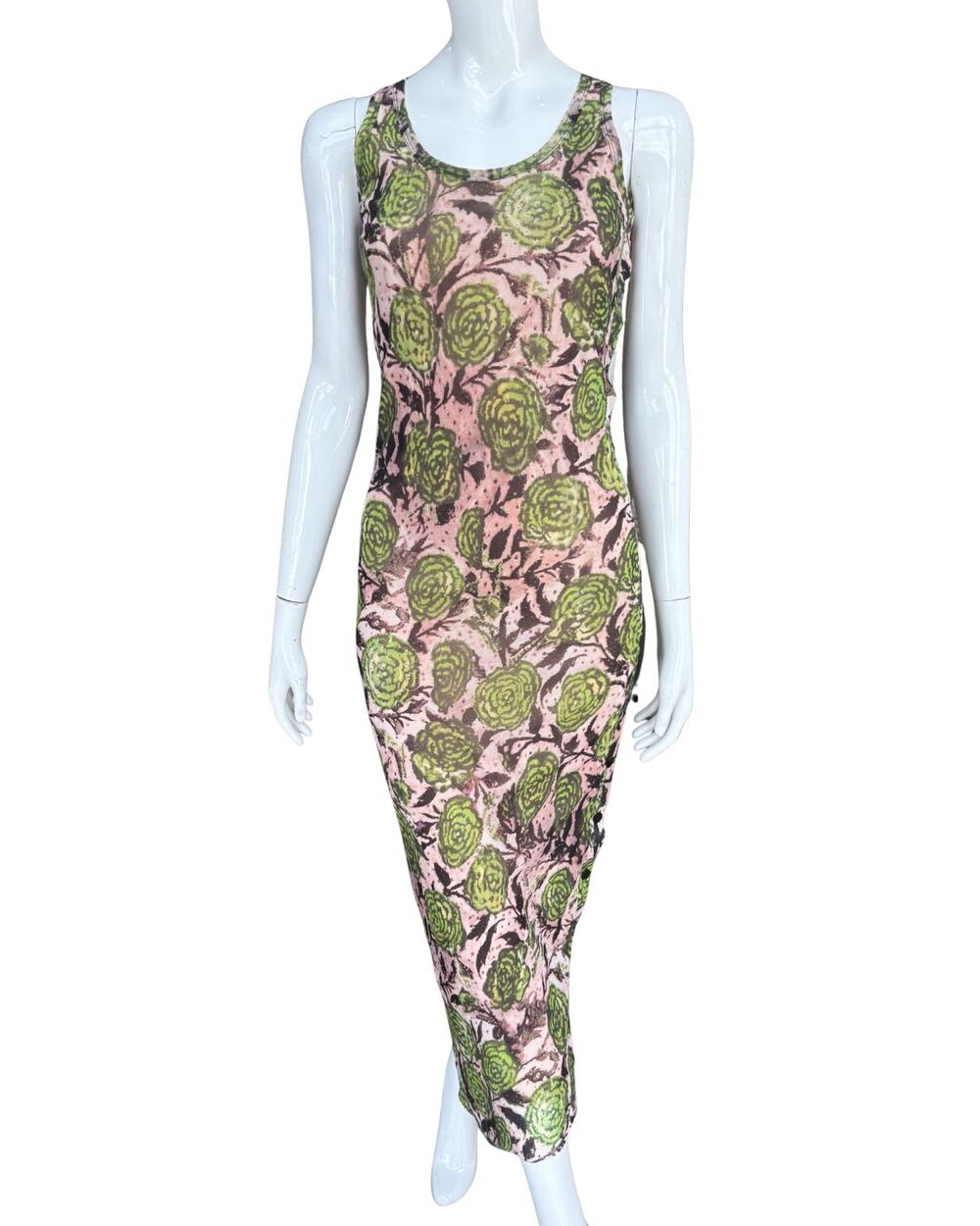 Fuzzi Long Stretchy Dress Artichoke Green Flower Fun Print L